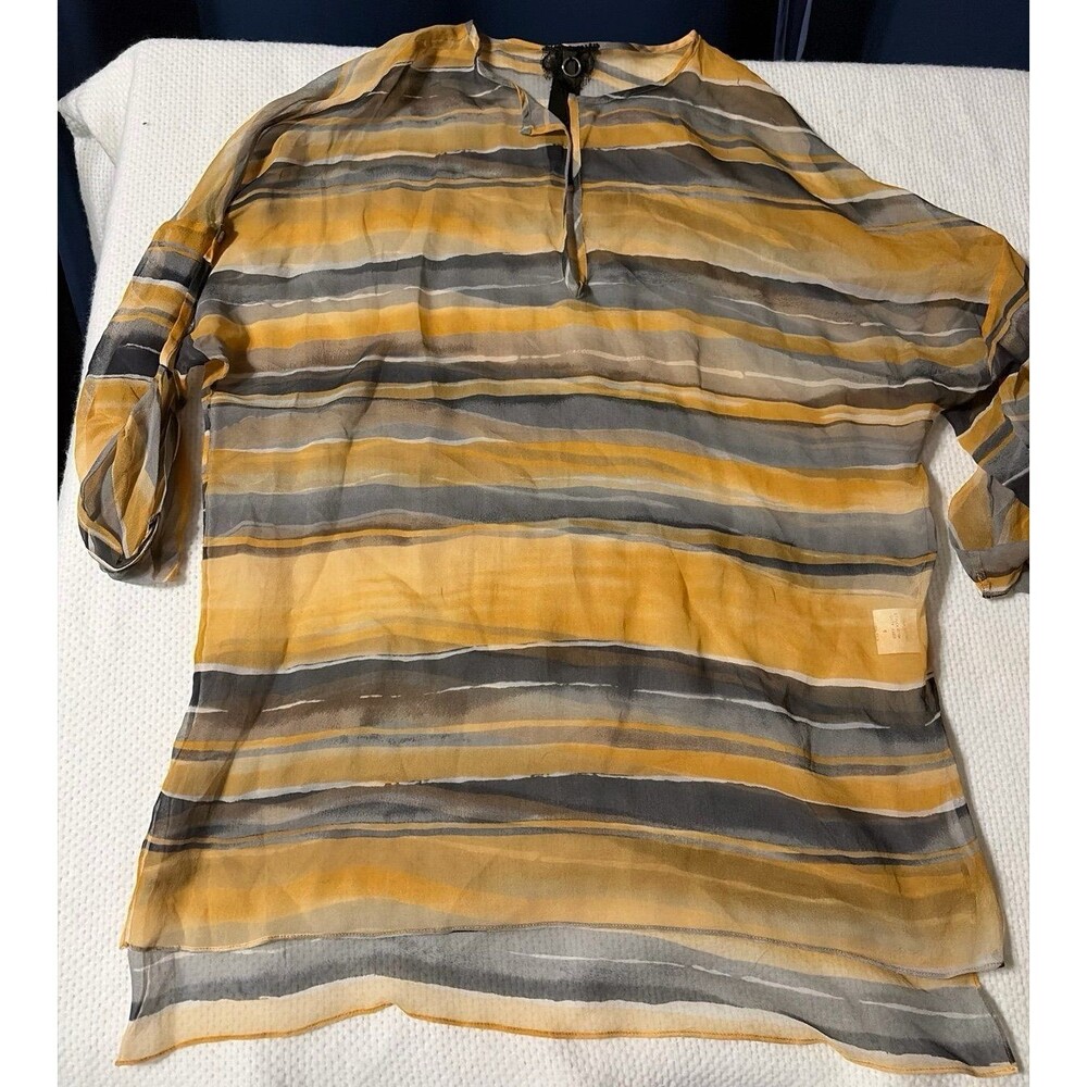 Poleci Sheer Striped Blouse with Lace Detail - Earth Tones - Size 6. 100 % silk